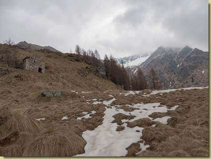 sui prati dell'Alpe Pena, in alto il Pizzo Ciap&egrave; tra le nuvole...